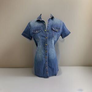 Paper Crane Blue Denim Button Front Mini Dress Women’s Size M Short Sleeve Jean